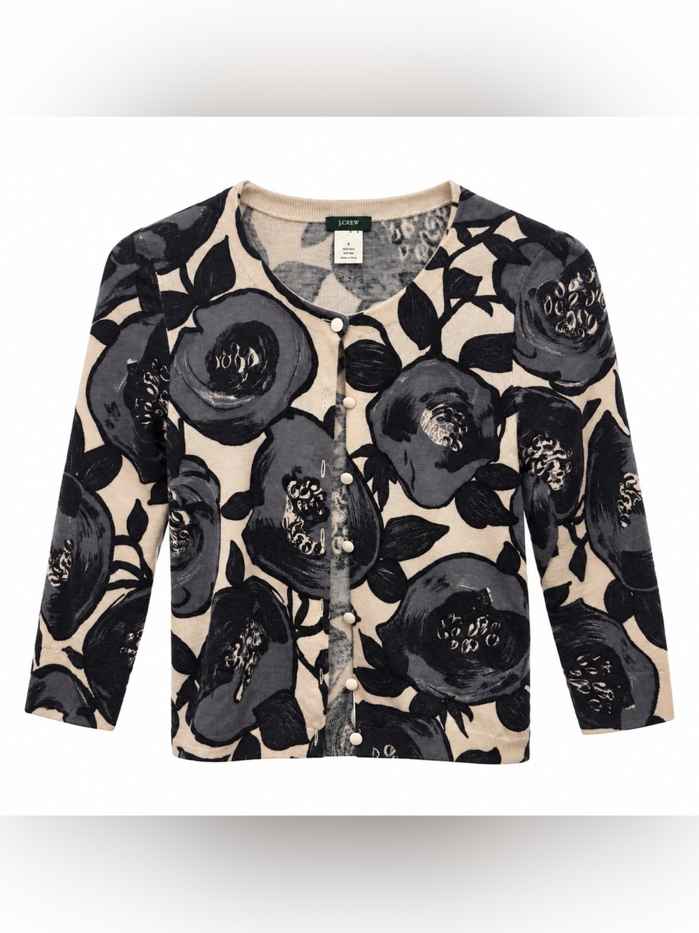 J.Crew Women’s S 100% Wool Floral Cardigan Sweater Black Gray Ivory button front